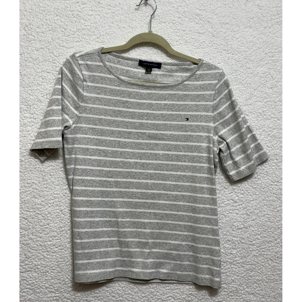 Tommy Hilfiger Women Gray White Striped Crew Neck Short Sleeve T Shirt Top L